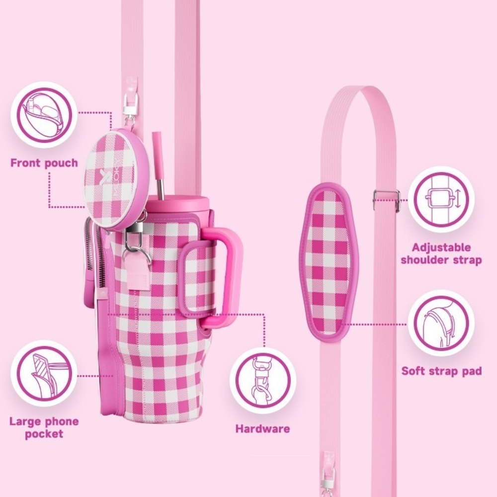Meoky Carrier Bag for 40 oz Tumbler Cup Holder Pink Check Plaid in Box - Picture 5 of 5